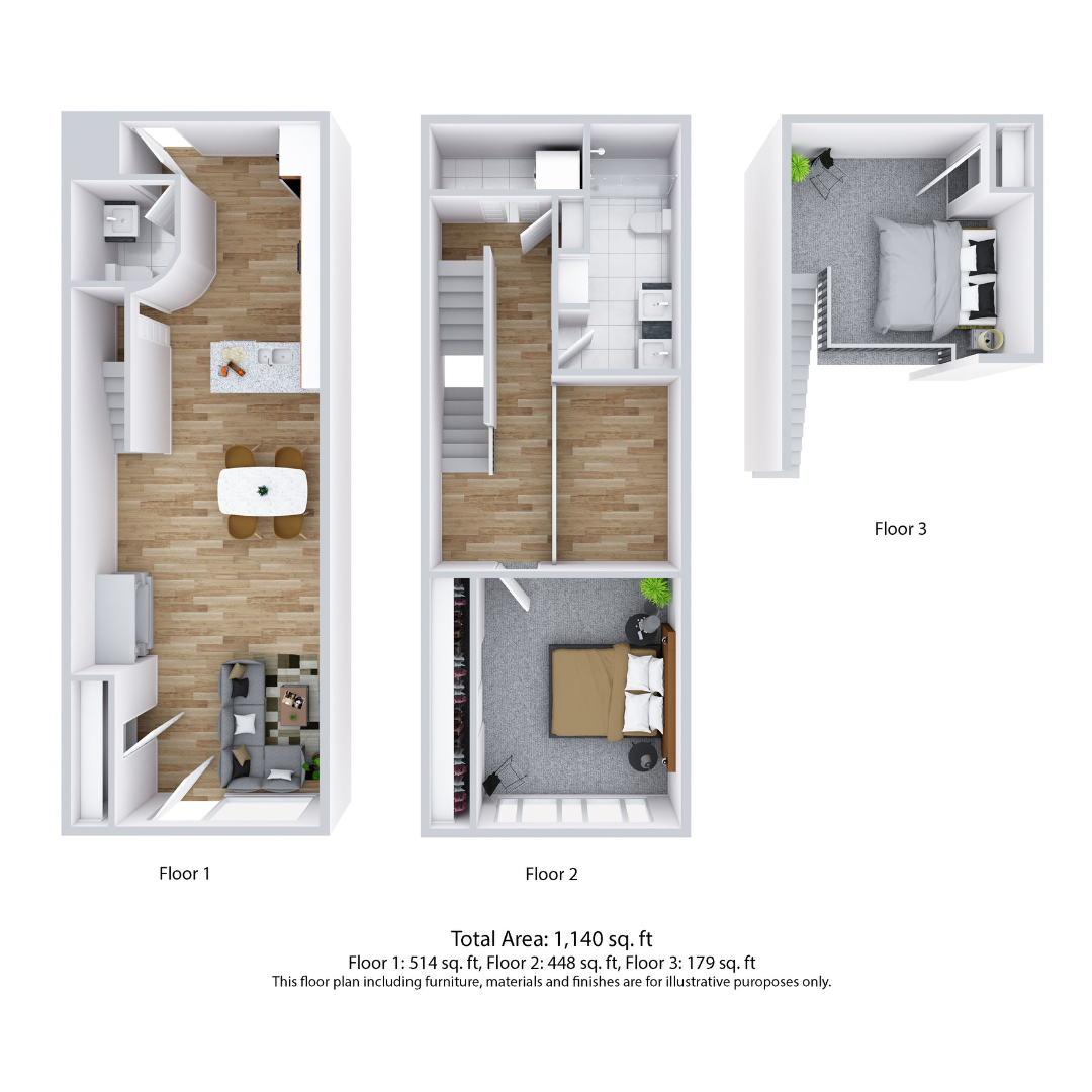 Floor plan for 2 beds, 1.5 baths, 1020 sqft